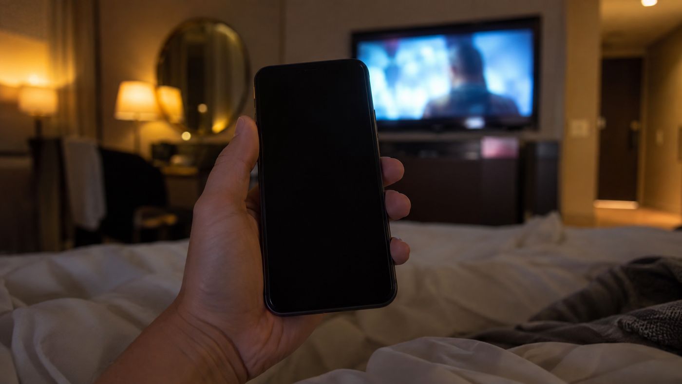 A guest on the bed with their phone, the TV playing