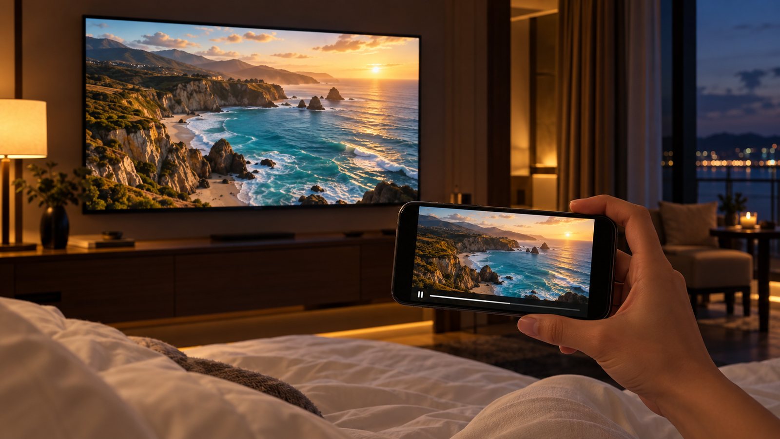 A guest on the bed casting a video from their phone to the room TV