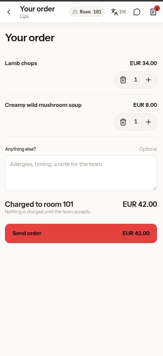 The order: lamb chops and creamy wild mushroom soup, charged to room 101, EUR 42