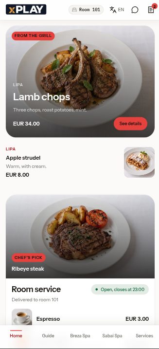The guest app home: room service from Lipa, lamb chops, the chef's pick
