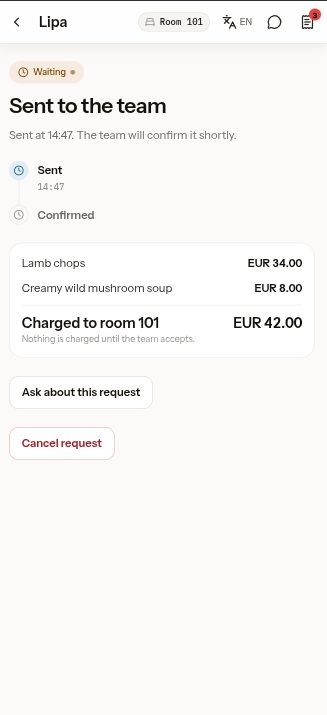 The order status: sent to the team, waiting for confirmation