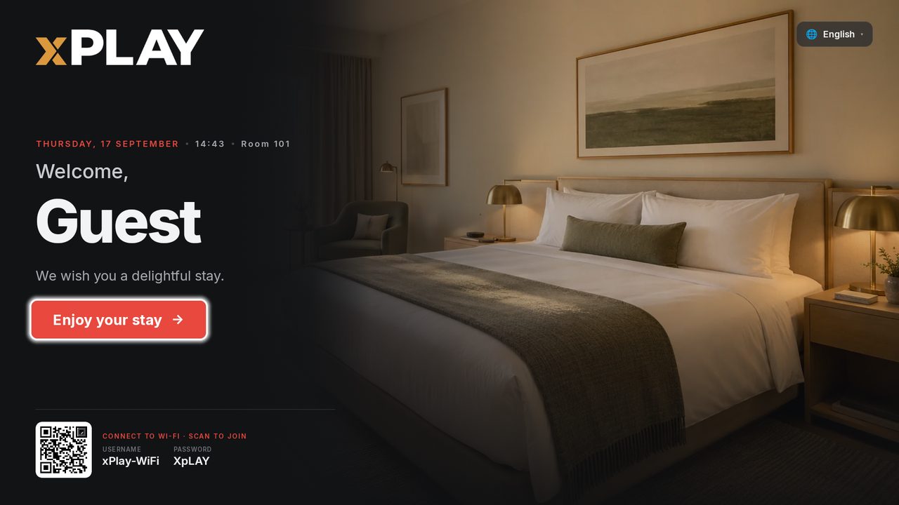 The room TV: Welcome, with the Wi-Fi code and the language